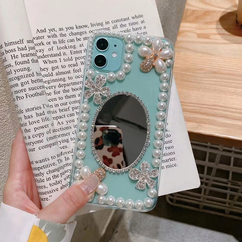 

Transparent Glitter Pearl Drops Glue Phone Case, Flower Makeup Mirror, for Huawei P50Pro, P40, Mate40, Honor 9X, 50, 60Pro