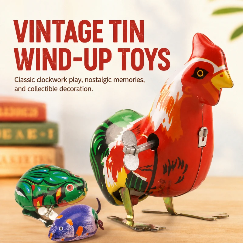 Nostalgia Retro Clockwork Tin Toy Mechanical Frog Mouse Rooster Ornament Desktop Display Gift