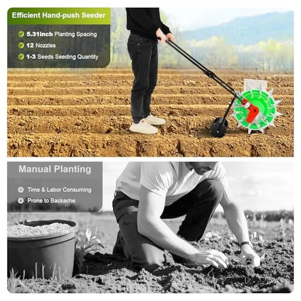 Precision Garden Seeder Hand Push Garden Seeder Row Planter with 12 Carousel Nozzles Seed Spreader Push Planter Seeder