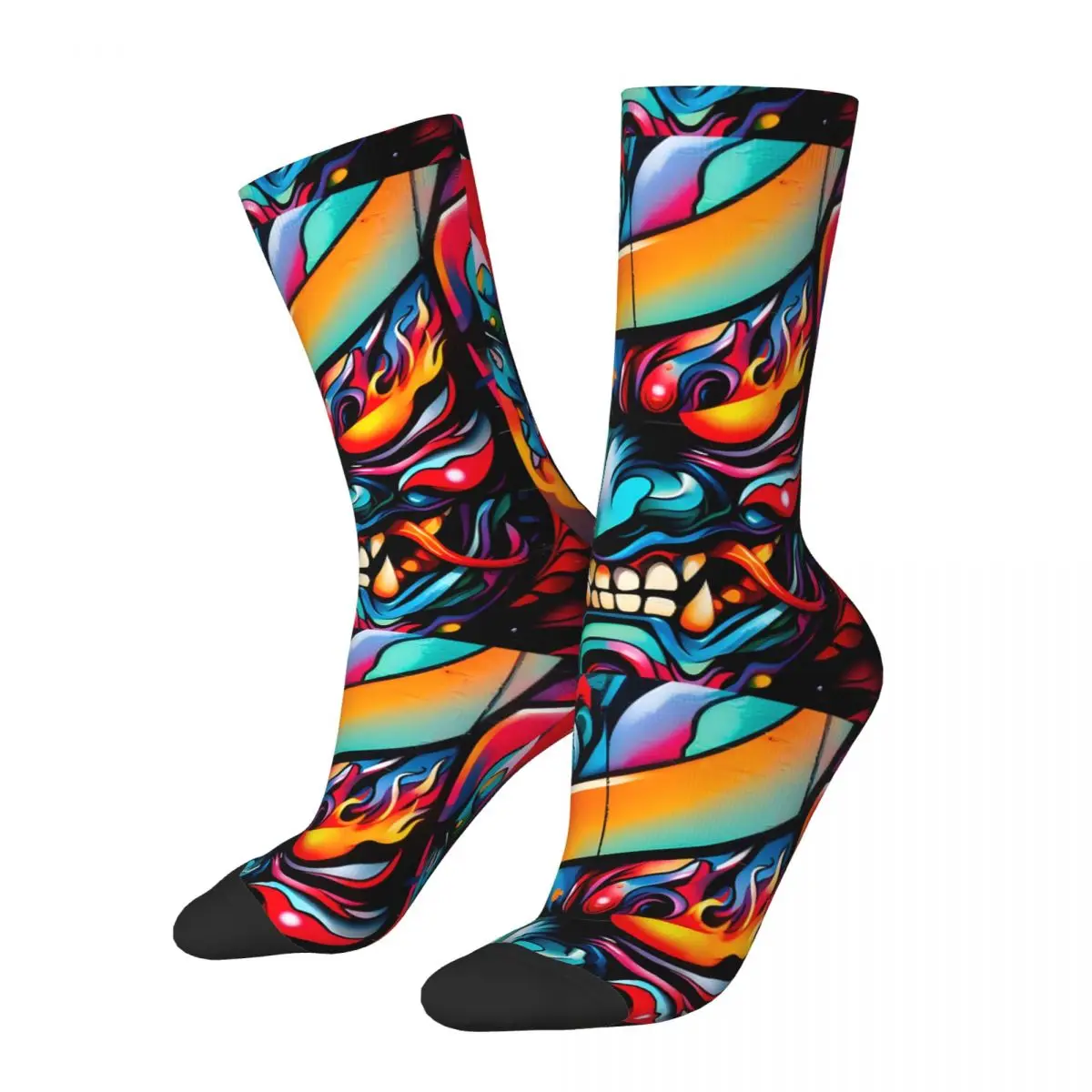 Rage Japanese Mask Graffiti Men's Socks Retro Harajuku Samurai Street Style Novelty Seamless Crew Sock