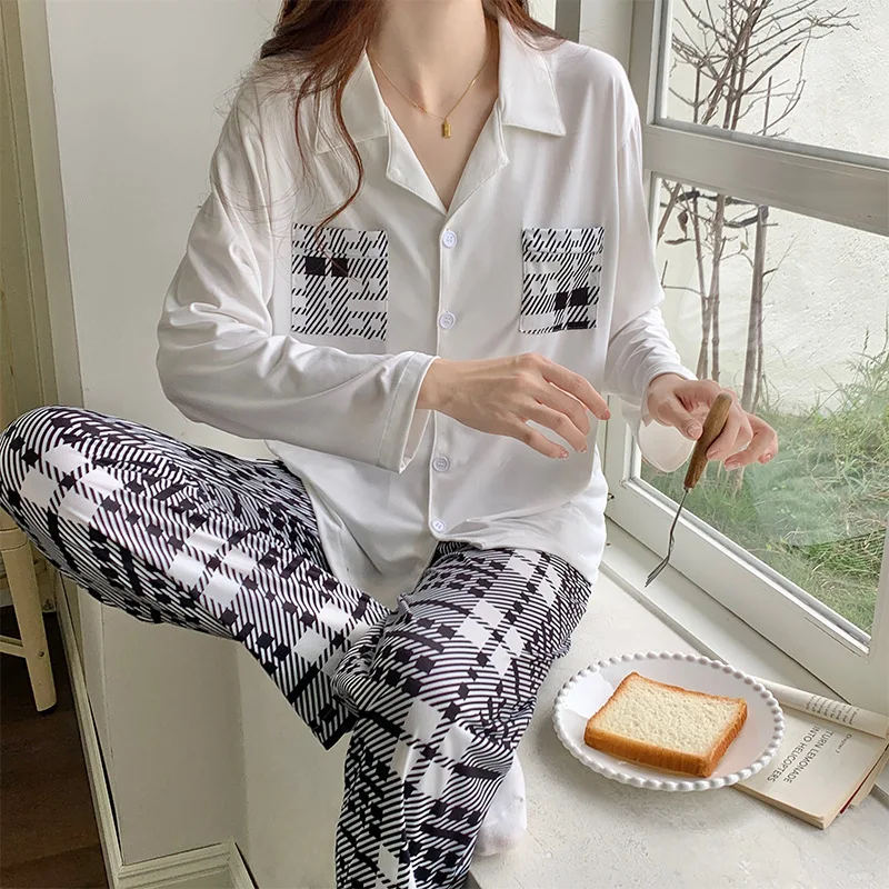 Women 2 Pieces Pajamas Sets 100% Cotton Pijama Plaid Female Pyjama Sleepwear Long Sleeve Shirt Pants Suit Homewear Loungewear