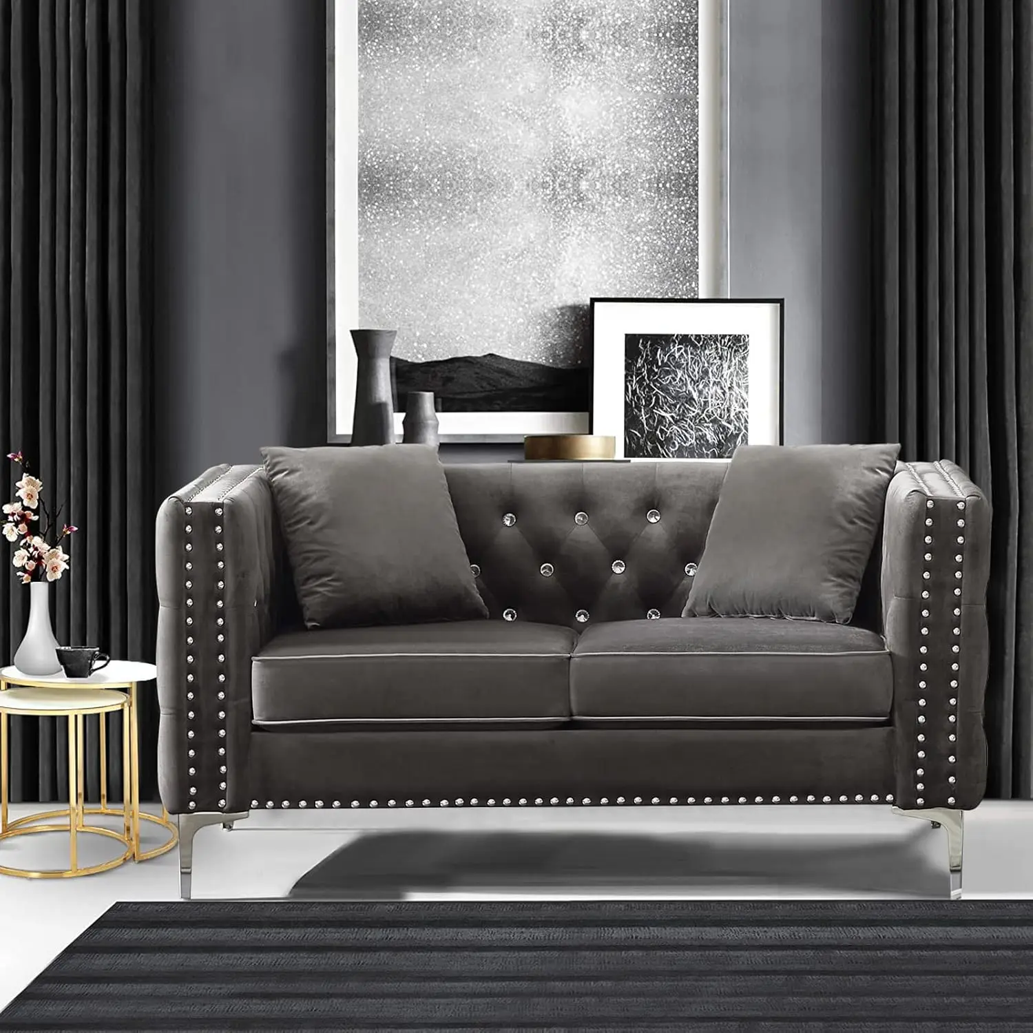 Square Arms 59 Inch Tufted Sofa with Trimmed Nailhead and Metal Legs Loveseat Couch with 2 Pillows for Living Room