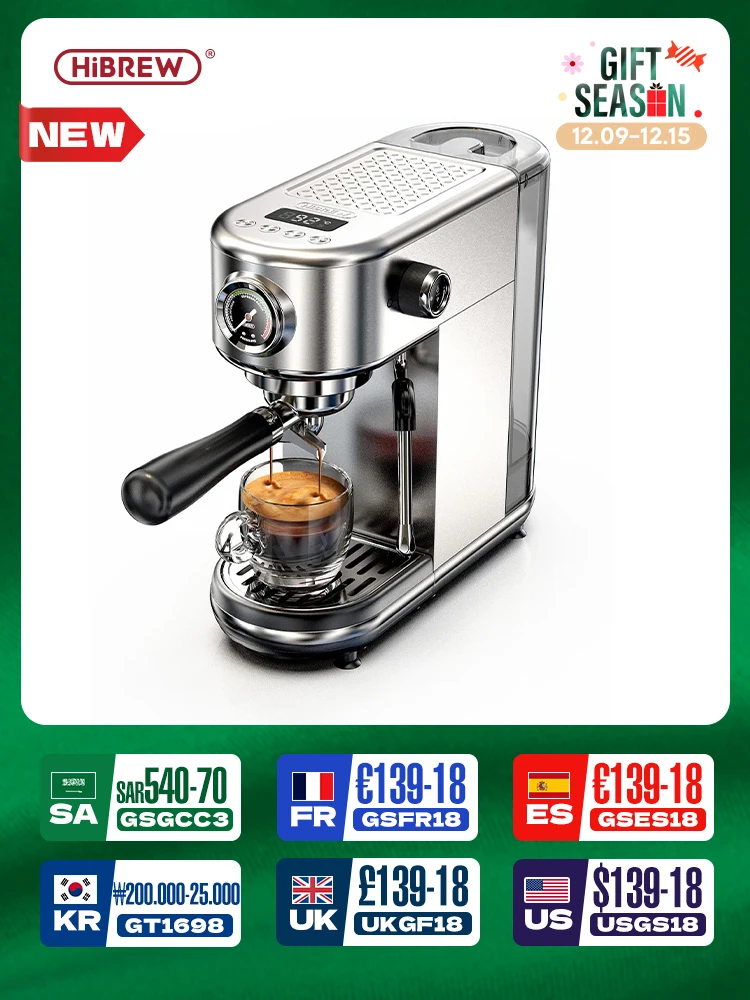 HiBREW 20Bar Semi Automatic Espresso Coffee Machine Temperature Adjustable Cold/Hot Super Slim Coffee Maker Cappuccino H10B