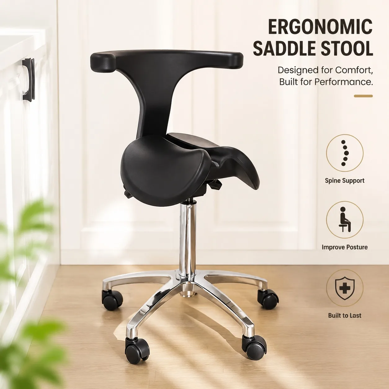 Ergonomic Saddle Seat with Adjustable Height, Tilt, and Back Support for Dental Professionals