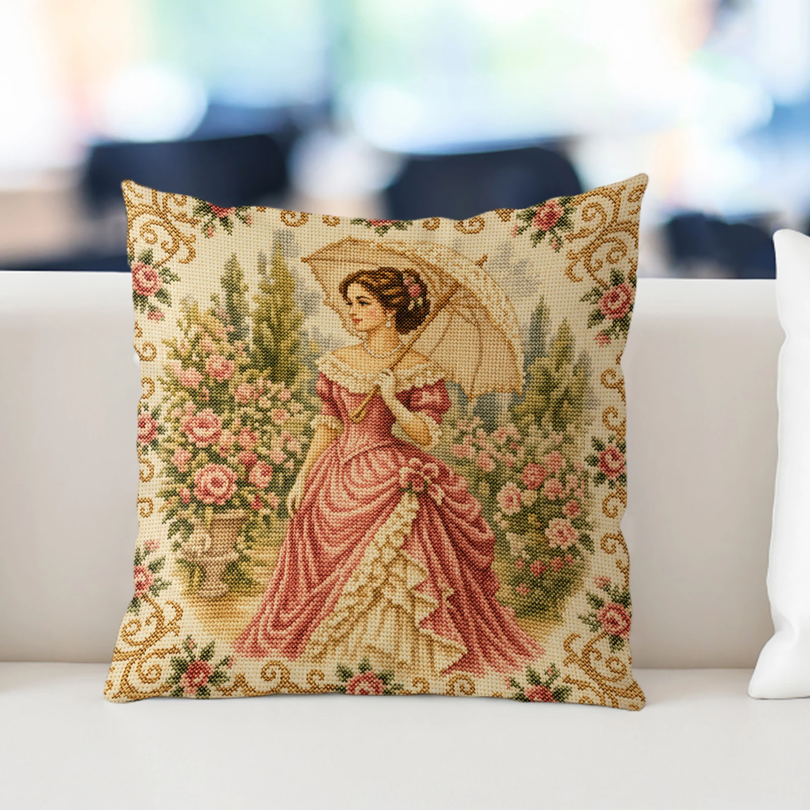 Victorian Girl Stitch Kit 11CT Stamped Canvas 45x45cm Zipper Pillow Cover 3-Strand Embroidery Thread Needlework