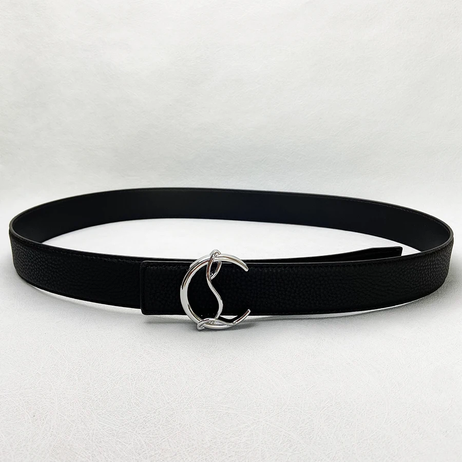 ​​2025 New Luxury Black Grain Leather Belt - Unique Curved Gold Buckle, Textured Strap for Men & Women, Fashion Dress Accessory​