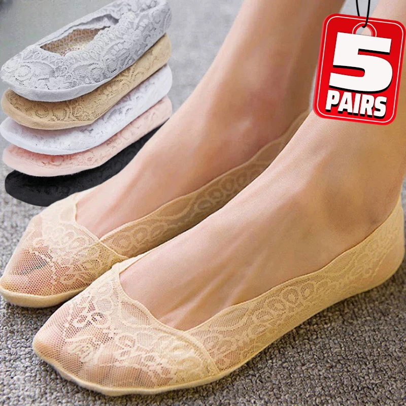 1/5pairs Vrouwen Boot Sokken Zomer Slippers antislip Ademend Kant Kant Onzichtbare Sok Mode Sexy antislip Cool Dunne Sok