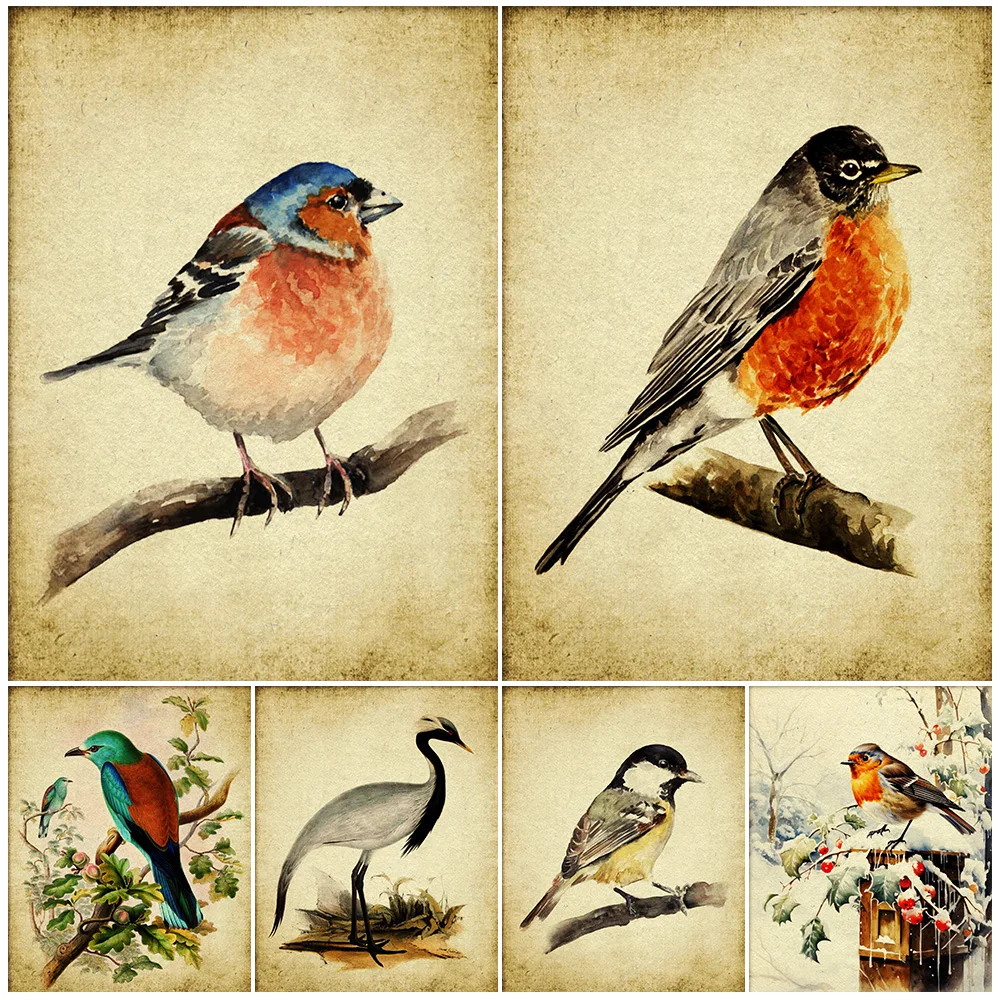 Chaffinch,Coal Tit,Crane Bird,Puffin Bird,Vintage Wall Art Canvas Painting Rustic Instant Bird Abstract Art Poster Print Decor
