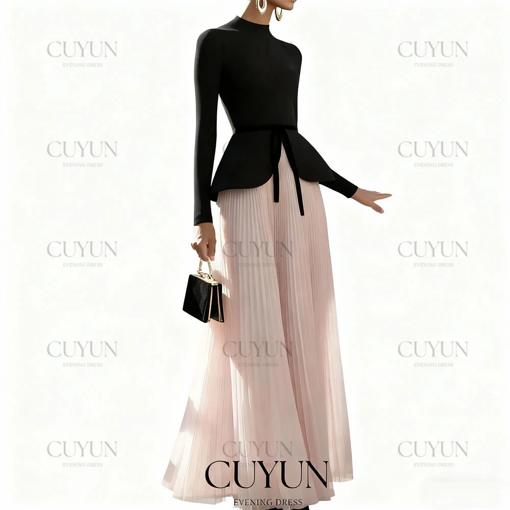 

CUYUN Женские вечерние платья с высоким воротником и длинными рукавами, черно-розовое элегантное вечернее платье трапециевидной формы, индивидуальное свадебное платье