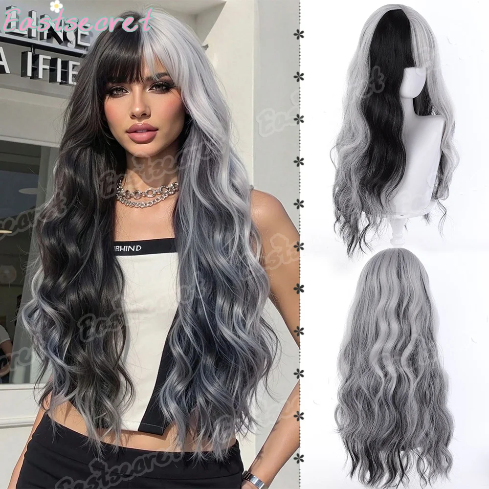 Long Wavy Black Multi-Color Wig with Neat Bangs - Heat Resistant Synthetic Wig for Women with Natural Look, Great for Halloween