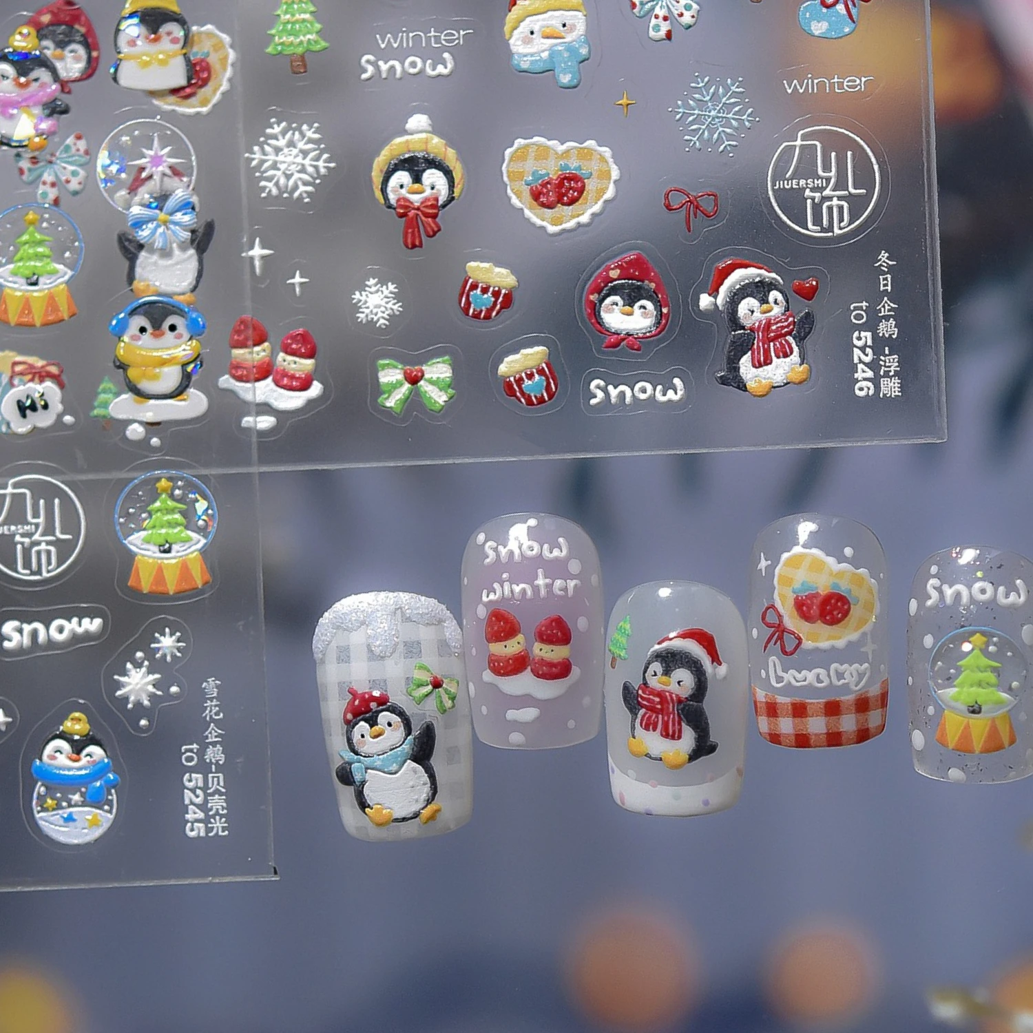 Lindo pingüino copo de nieve Bowknot bola de cristal sombrero rojo estrella pino calcetines fresa invierno nieve corazón Nail Art pegatina manicura calcomanía
