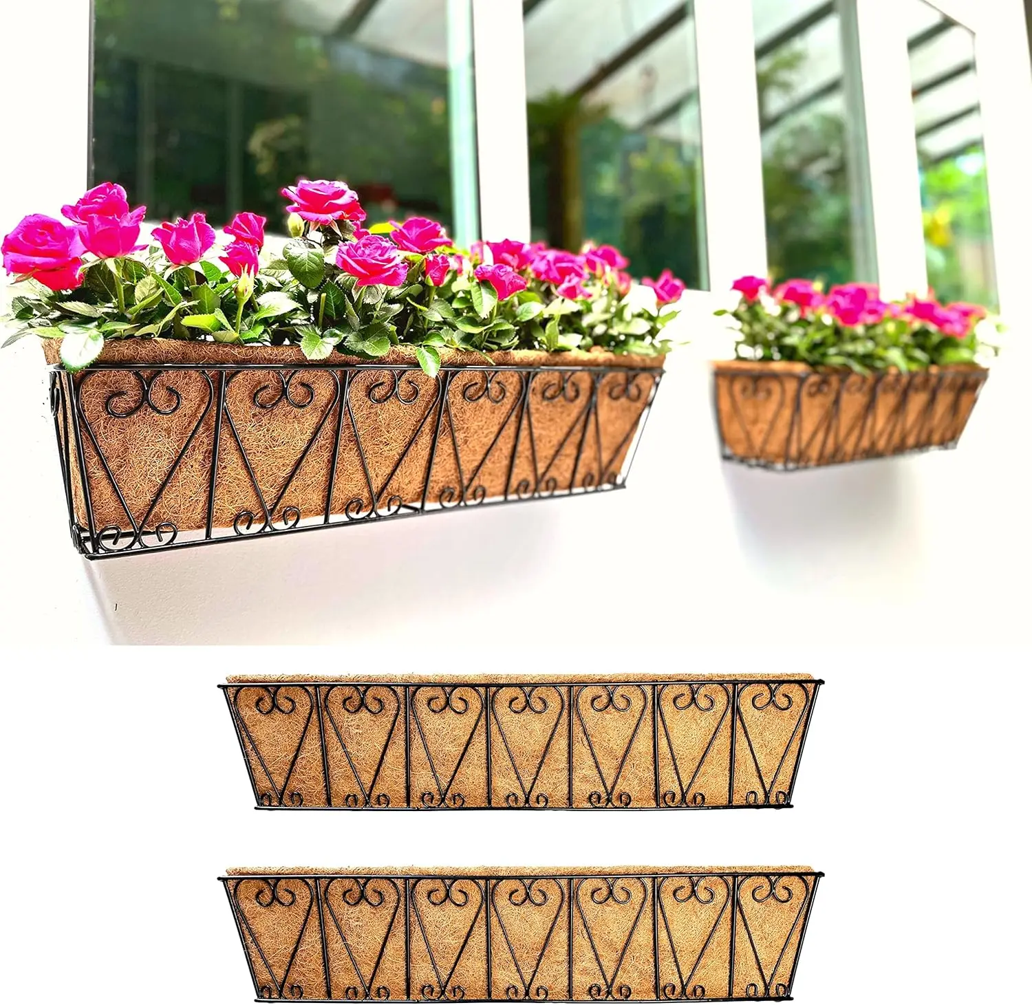 

30 Inch Outdoor Wall Planters 2 Pack for Deck Railing Hanging Flower Box with Coco Liner for Balcony Patio Porch Fence