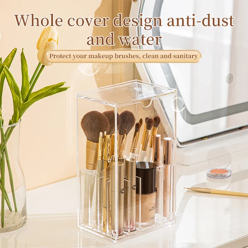 Clear Cosmetic Brush Storage Box, Makeup Brush Holder with Lid, Large-Capacity Design for Organize the Vanity Desk