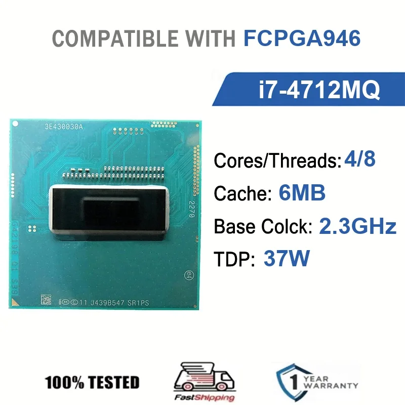 Intel Core i7-4712MQ 4 núcleos 8 hilos 2,3 GHz 37 W 6 MB de caché 22 nm FCPGA946 SR1PS DDR3L 1333/1600 MHz Haswell HD Graphics 4600