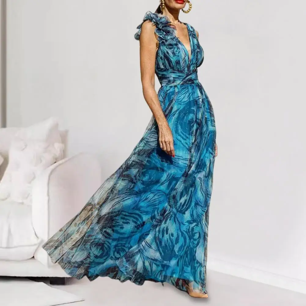 

Легкое платье в богемном стиле, женское вечернее платье макси с глубоким V-образным вырезом и цветочным декором, приталенное платье для отдыха или пляжной одежды