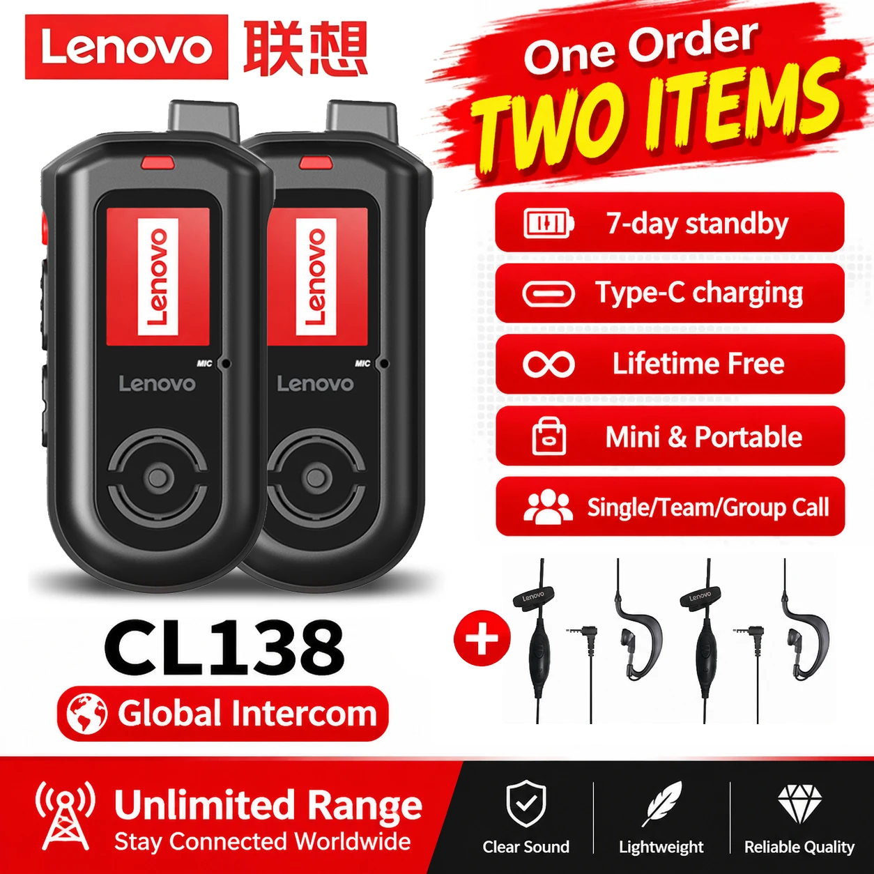 Lenovo (MINI RADIO SIM Lifetime Free）Global 4G POC walkie talkie, 5000 KM remote walkie talkie, global police civilian fleet