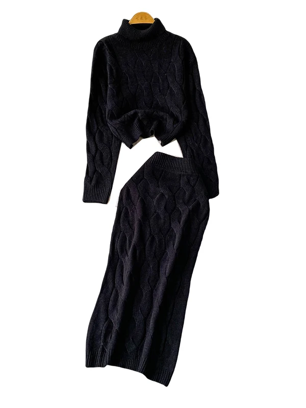 Warmer Pullover mit hohem Kragen für Damen, Faion Lazy Sle Twist Top, hohe Taille, Ele, figurbetont, langes Dr-Zweiteiler-Set, Winterkleidung