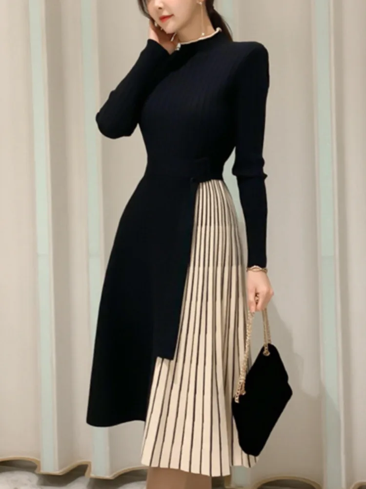 New Autumn Winter Women Fashion Stitching Stripe Pleated Sweater Dress Elegant Long Sleeve OL Midi Knitted Runway Vestidos Robe