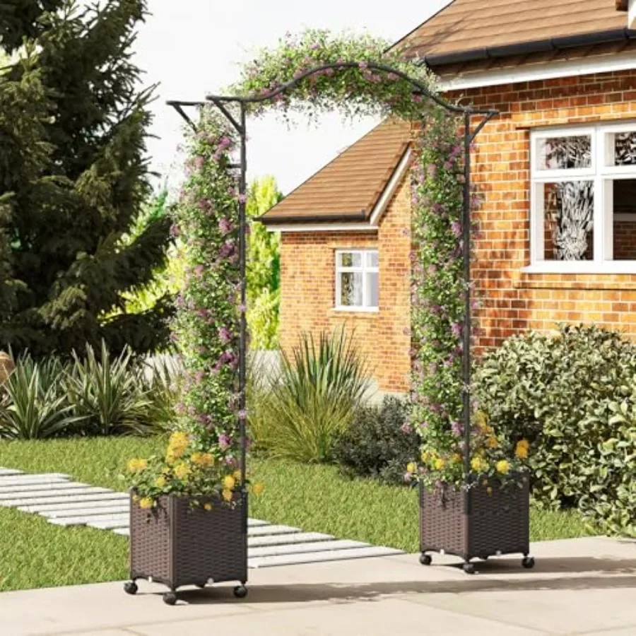 Garden Arch Trellis for Climbing Plants, Metal, Black, Outdoor Decorative Archway with Self-Watering Planter Boxes Wheels, 82 L
