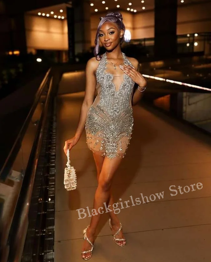 Silver short cocktail dress shiny sexy see-through crystal rhinestones black girl party dress vestidos cortos de fiesta