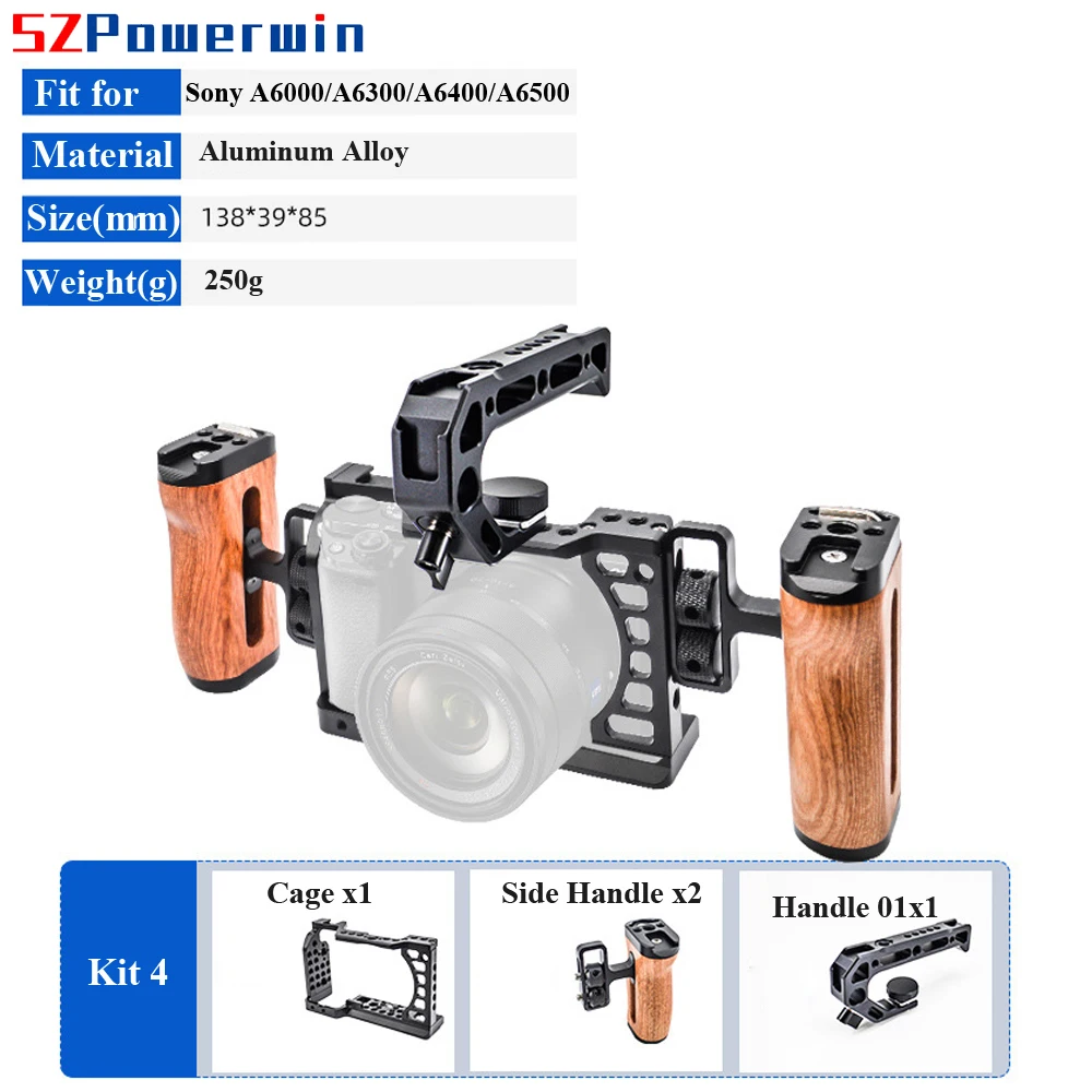 Powerwin Camera Cage For Sony A6500 A6400 A6300 A6000 with wooden Handle Kit Aluminum Alloy Multifunctional Arri Locating Screw