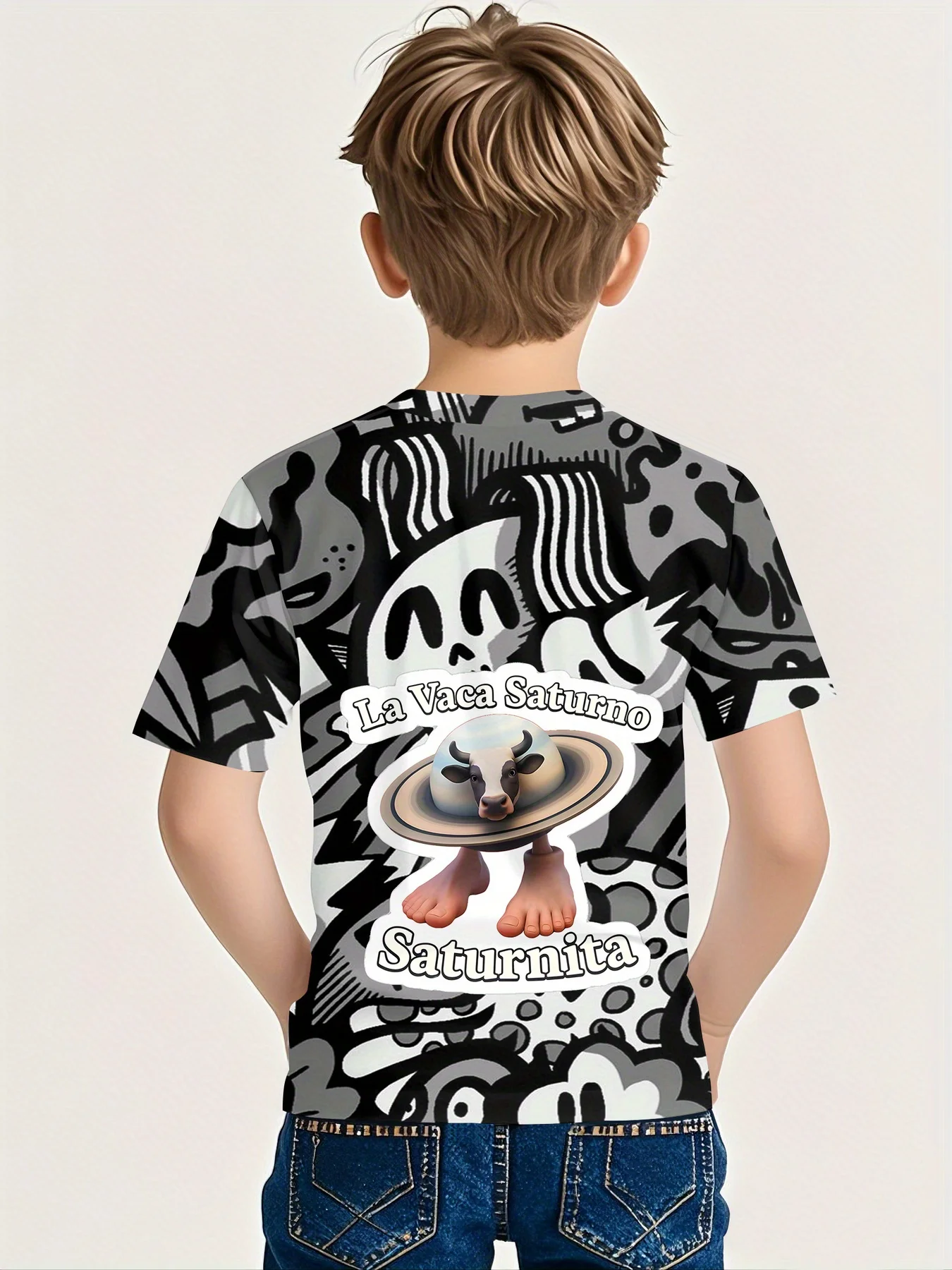 Boys La Vaca Saturno Graphic T-Shirt, Black White Graffiti Background Saturn Cow Kids Short Sleeve Tee