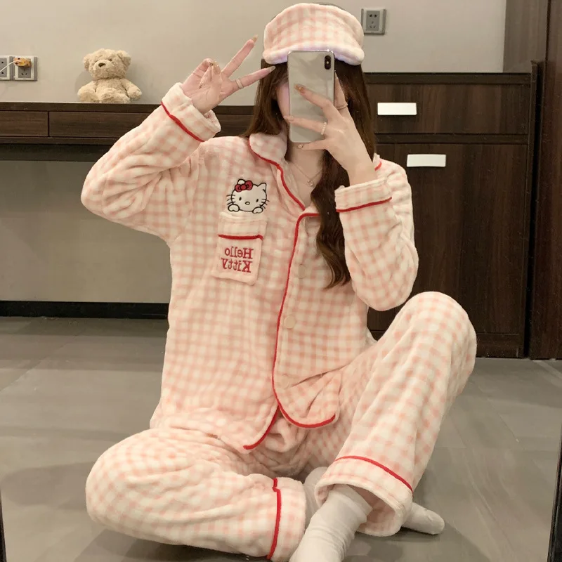 Sanrio Hello Kitty pajamas winter warm long-sleeved trousers pure cotton two-piece set cartoon Sanrio loungewear women's pajamas