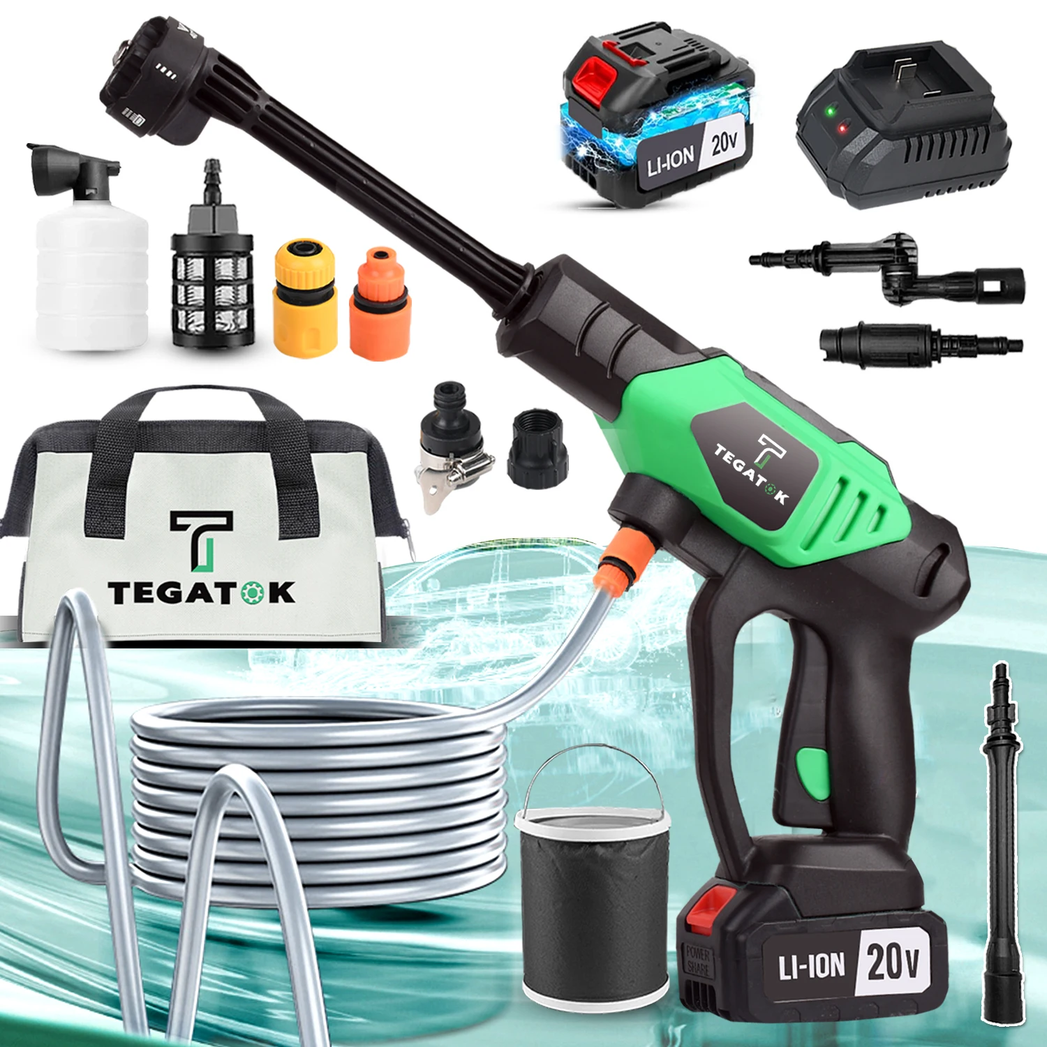

Cordless Power Washer, 4.0A Battery-Operated High-Pressure Cleaner with 6-in-1 Nozzle,Handheld Design for Cleaning Cars, Bikes