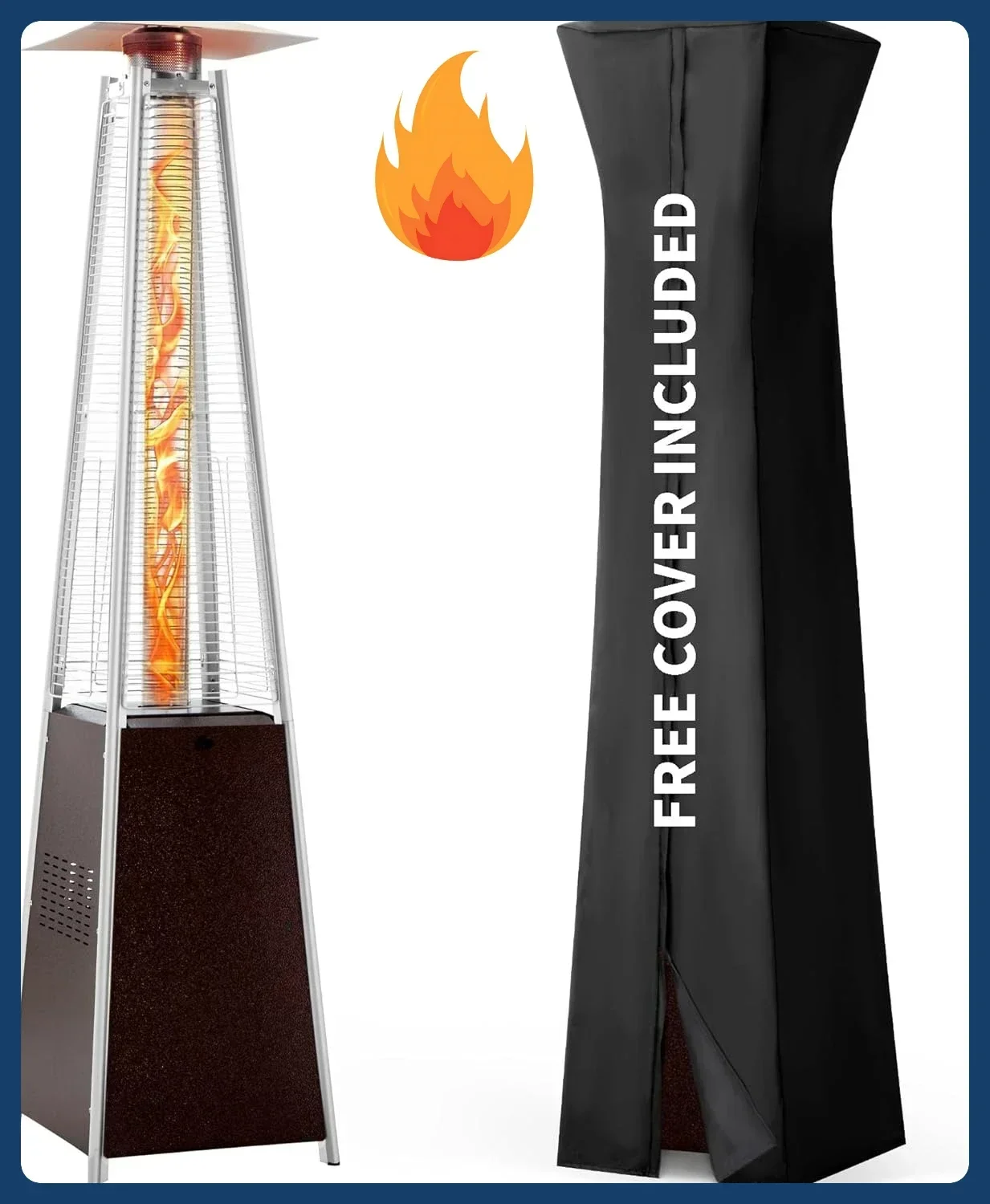 

[Limited Stock!]Patio Heater, 48,000 BTU Pyramid Flame Outdoor Heater with Cover, Quartz Glass Tube Hammered Bronze Tower Propan