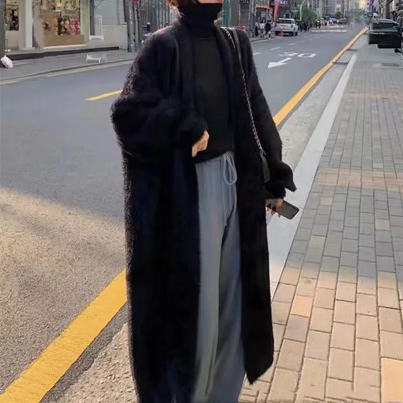 معطف محبوك مفتوح فضفاض وكسول للخريف والشتاء، سترة سميكة بطول الركبة من فرو المنك المقلد بأكمام طويلة، سترة دافئة