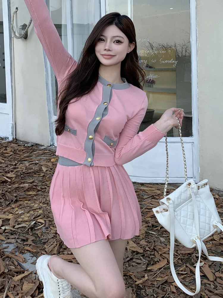 Casual Pink Knitted 2 Piece Set Elegant O-Neck Cardigan Top + High Waist Mini Pleated Skirts Spring Korean Fashion Sweet Outfits