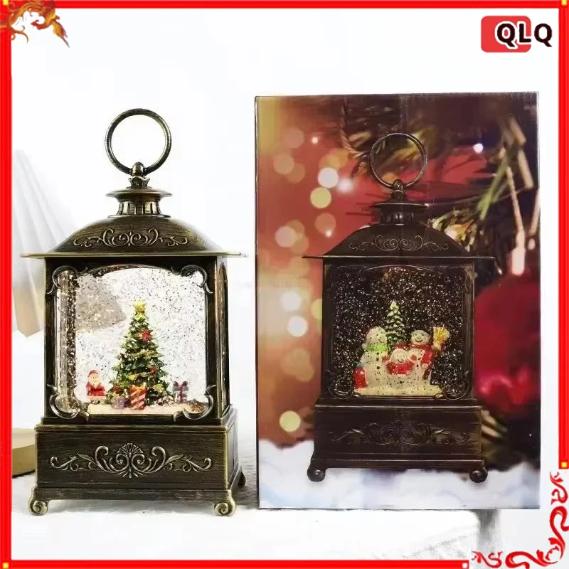 Carillon natalizio con lanterna e globo di neve con luci glitterate vorticose, ornamento di Babbo Natale, regalo per bambini, giocattolo vocale elettronico