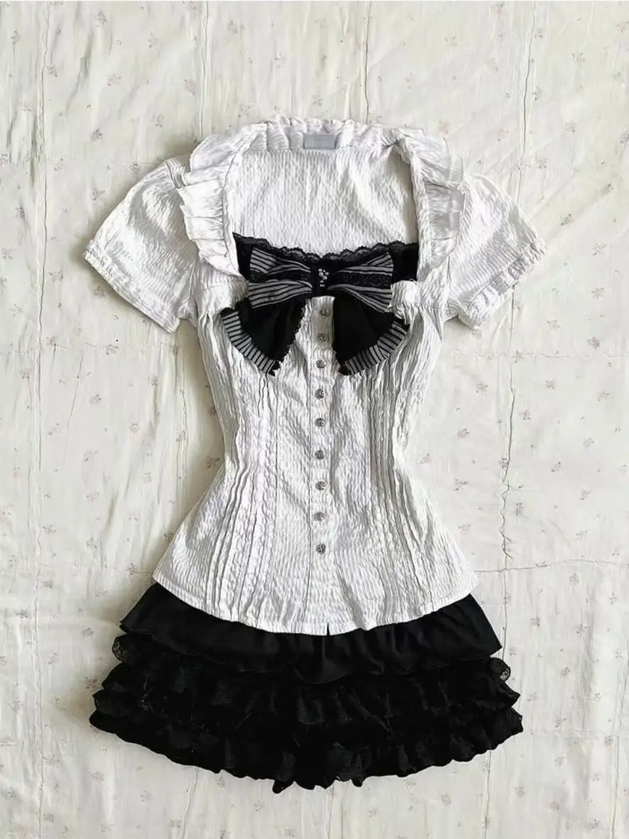 Punk y2k Retro Short sleeve T shirt summer Crop Top gothic Aesthetic bow top Women's Sexy Sling Mini skirt Hotsweet Girl Dresses