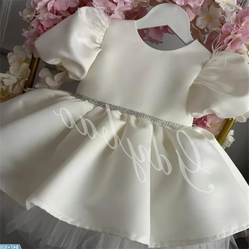 White Satin Baby Girls Festive Costumes Flower Girl Dresses  Bow First Communion Birthday Ball Party Custom Bridesmaid Outfits