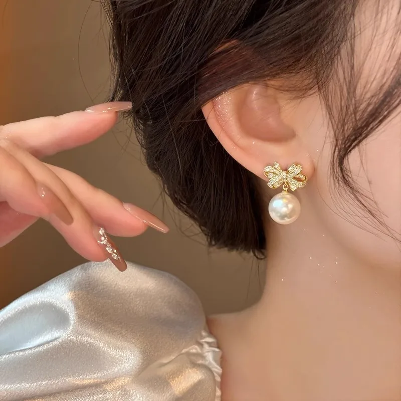 Fashionable S925 Silver Needle Bow Imitation Pearl Earrings, Exquisite Feminine Style Wedding Party Jewelry Accessories