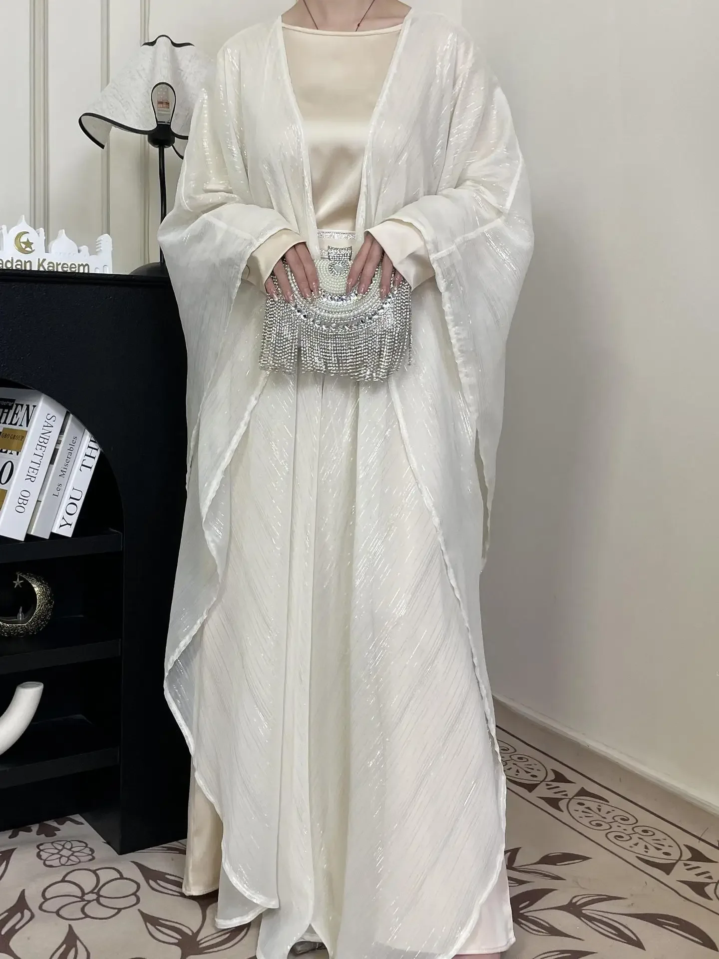 Ramadan Eid Muslimische Frauen Party 2-teiliges Set Kleid Jalabiya Offene Abayas Kaftan Dubai Vestidos Arabisch Marokko Kimono Strickjacke Robe