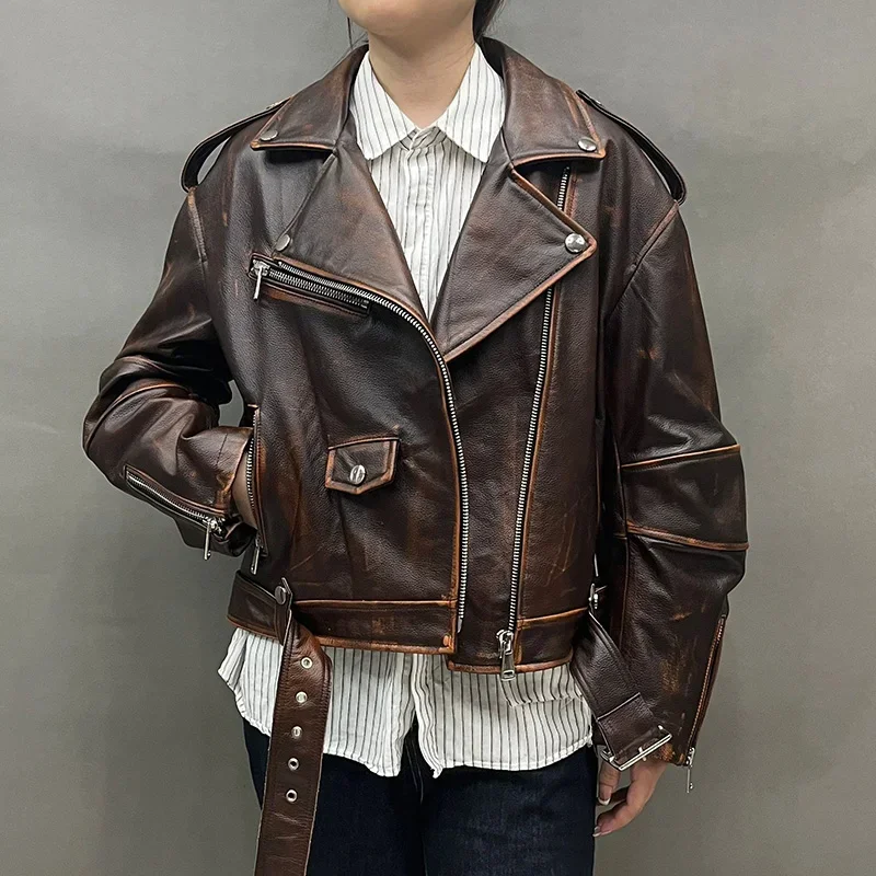 

2023 Leather Jackets Women's Genuine Cow Leather Cropped Jacket Short Real Leather Coat GT5905