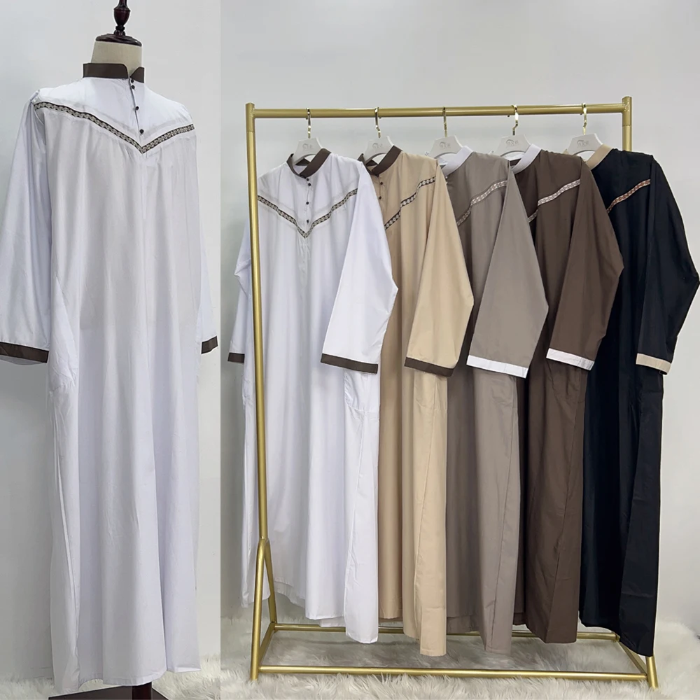 Eid Muslim Men Jubba Thobe Solid Color Middle East Robe Saudi Arabic Kaftan Abaya Islam Clothing Thoub Djellaba Daffah Dishdasha