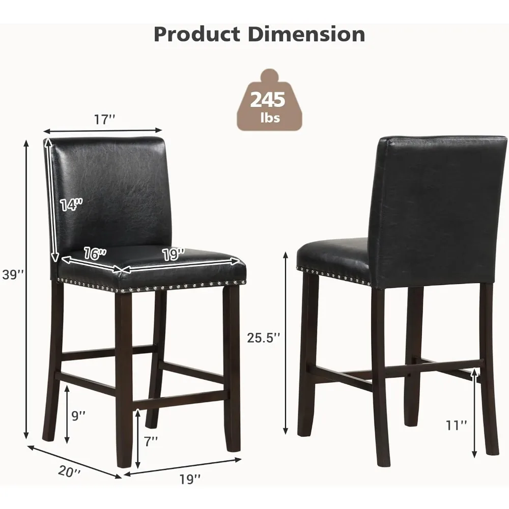 Bar Stools Set of 4, 25.5” PVC Leather Armless Counter Height Chair with Back, Kitchen Island Breakfast Chair for Dining