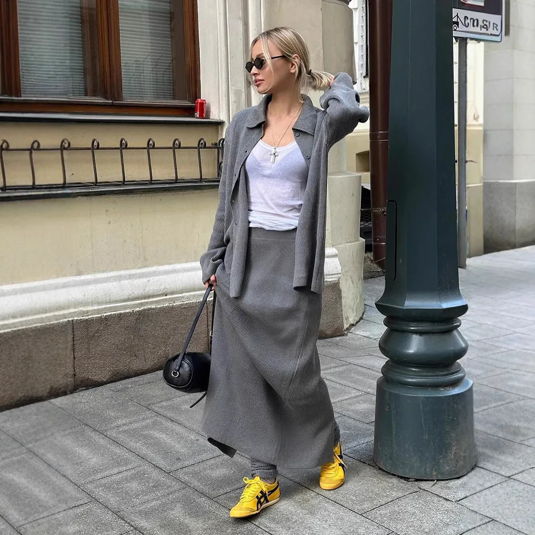 

KIDCRKJ Women's Knitted 2 Piece Outfit Laple Collar Single Breasted Lady's Knitted Cardigan Elastic Waist Long Skirts For Female