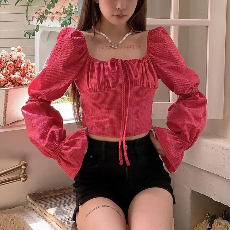 

Hotsweet Square Collar Shirt 2024 Spring Autumn Plaid Fashion Drawstring Female Clothing Elegant Puff Sleeve Slim Commute Blouse