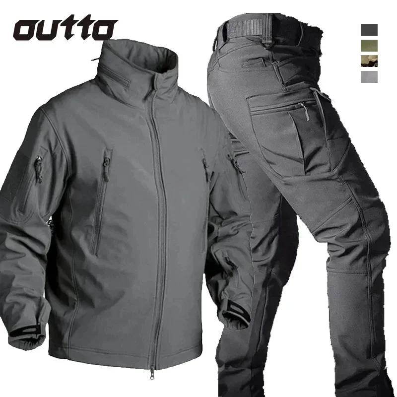 Fleece Tactical Soft Shell Sets Mens Outdoor Multi-Pockets Waterproof Shark Skin Jackets Warm Cargo Pants Tactic Suits Male