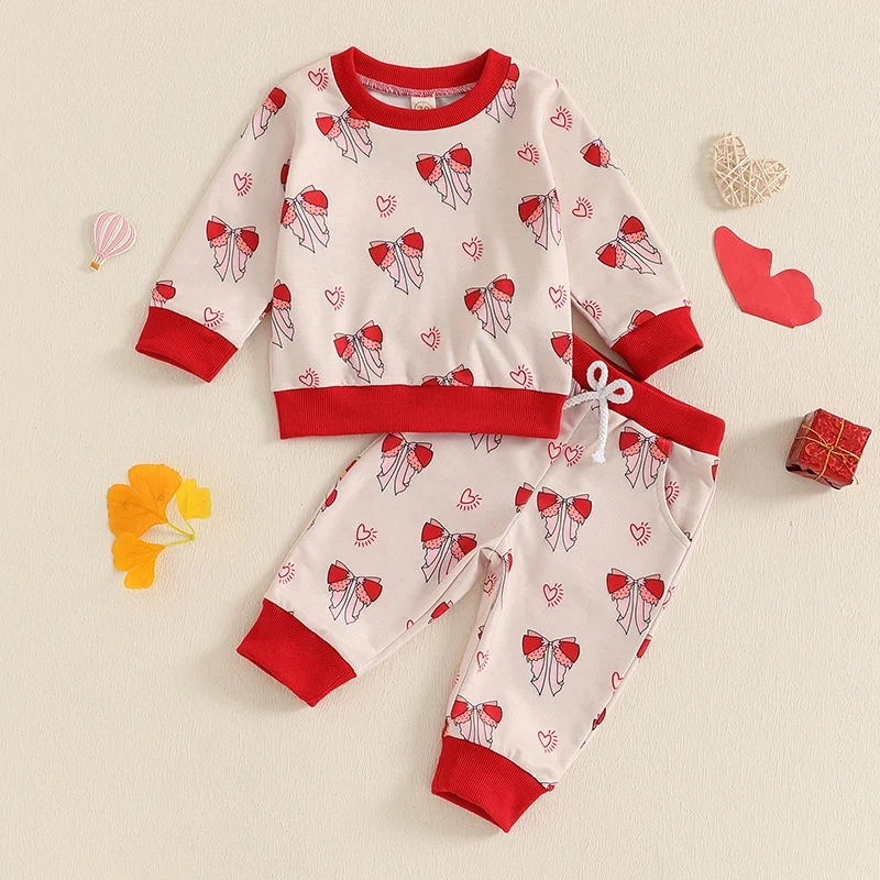 Baby Girls Clothes Set Autumn Long Sleeve Bow Print Sweatshirt Tops+Elastic Waist Pants Toddler Baby Valentine's Day Outfits