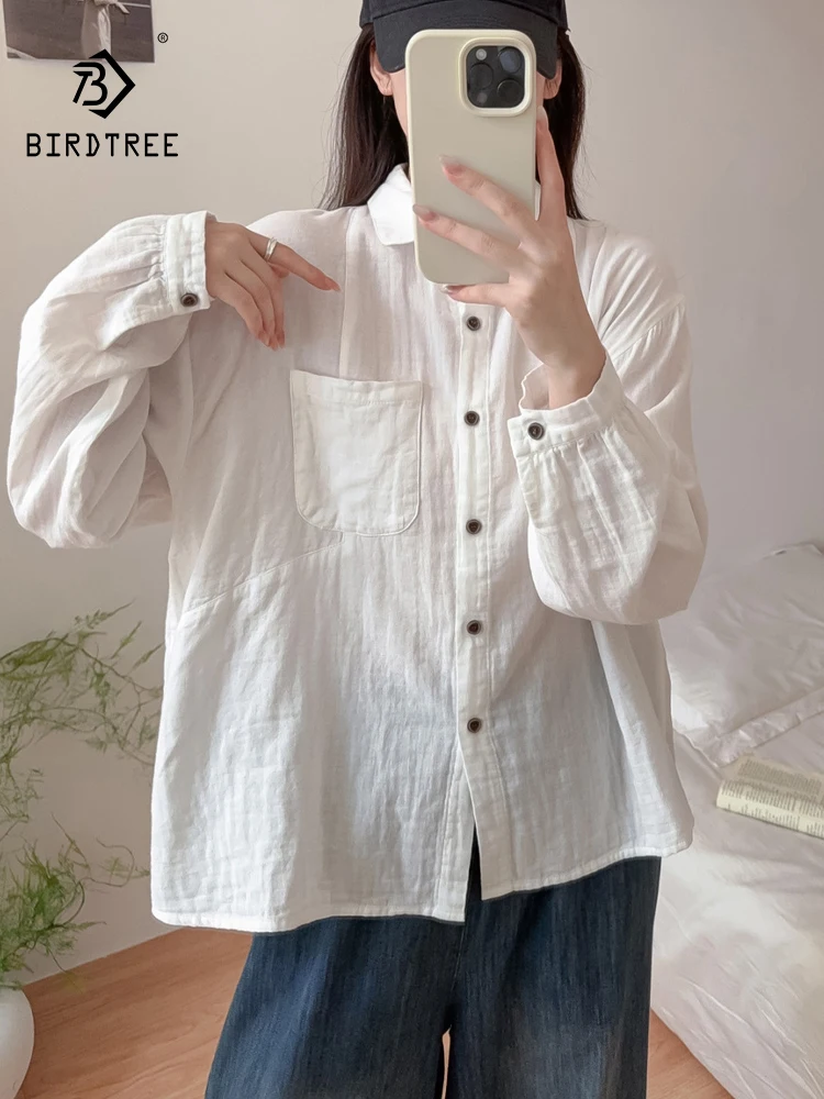

New 2025 Autumn Cotton Yarn Long Sleeve Shirt, Women Turn-down Collar Pocket, Mori Girl Versatile Commute Loose Blouse T59618CC