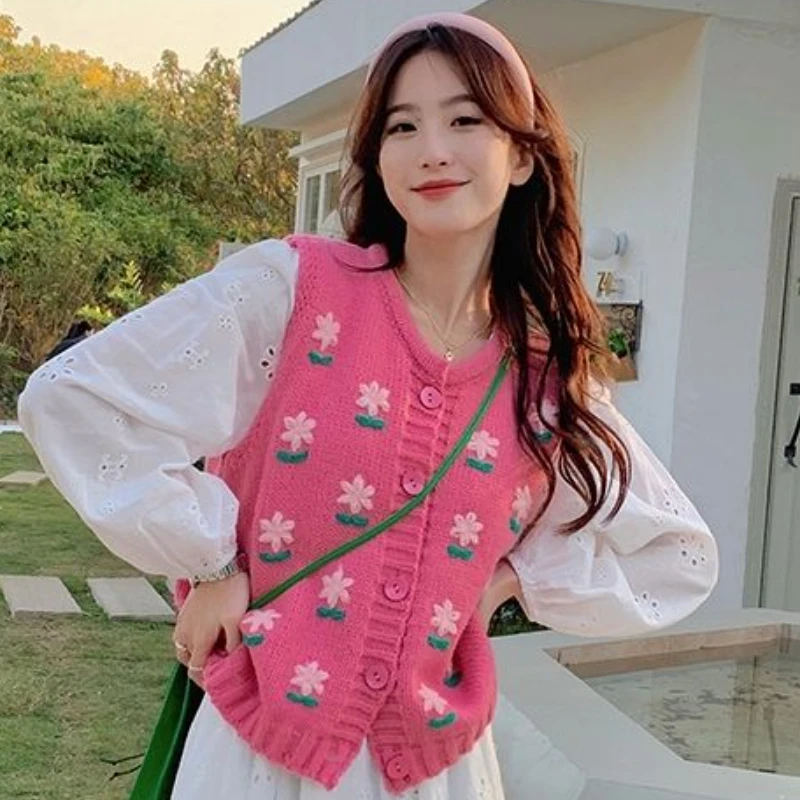 Sweater Vest Women Flowers Loose Sweet Cozy All-match Tender Sleeveless Casual Spring Knitting Ins Ulzzang Chic Fashion Students