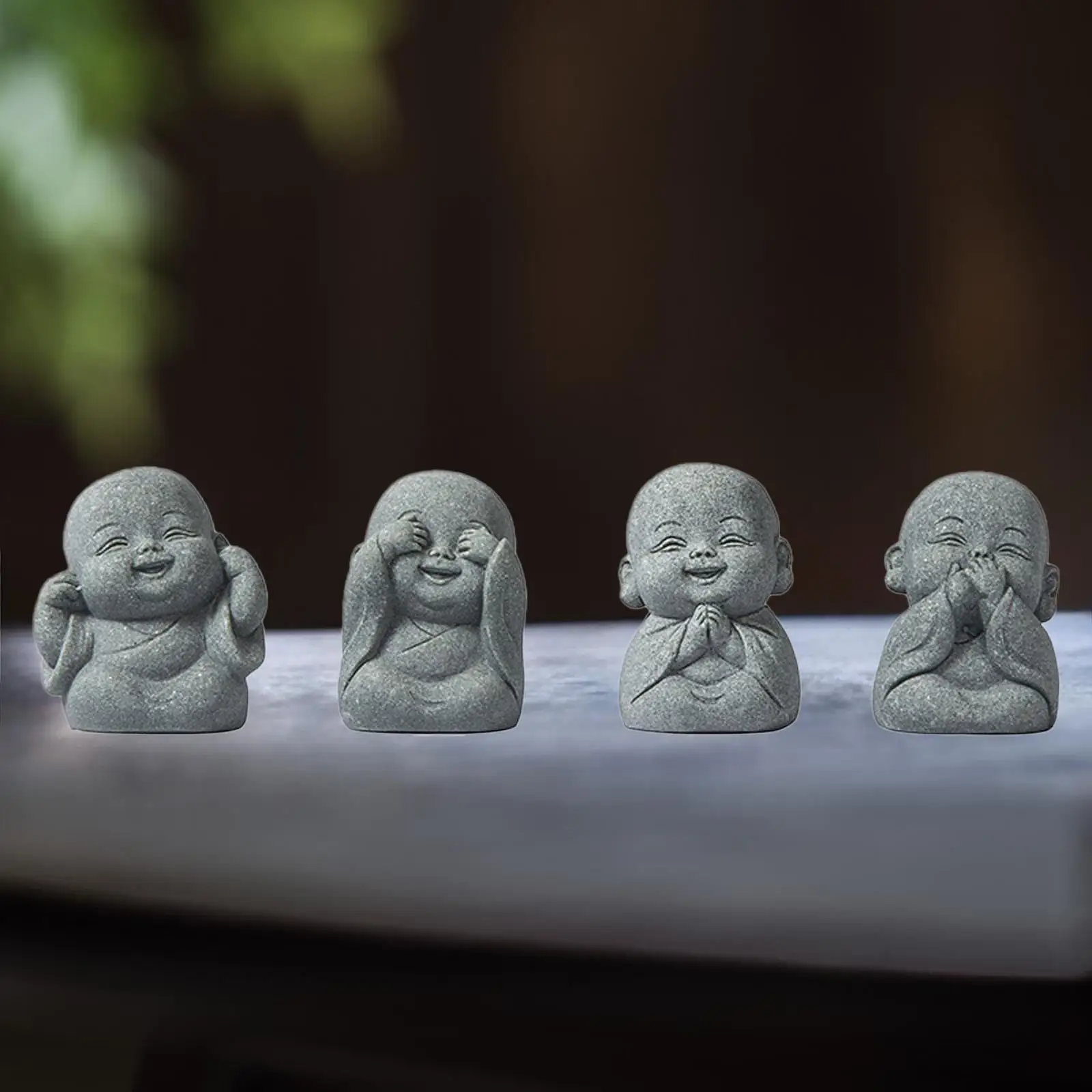 4x Miniature Buddha Sandstone Statues Decoration Buddha Sculptures Little Monk Statues Tabletop Ornaments for Bedroom Home Desk