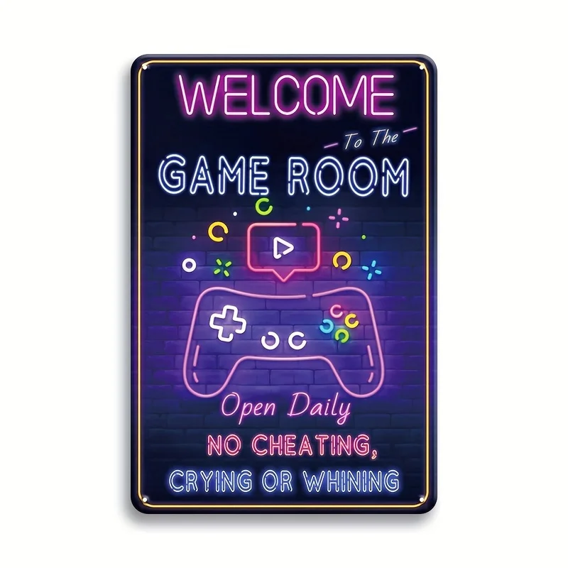 Welcome to the Game Room Metal Sign -  Retro Iron Wall Decor with Neon Gaming Theme, Cool Video Door Logo for Boys' Bedro