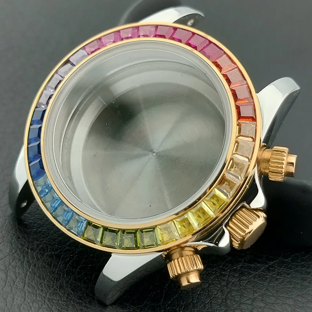 39,3-mm-Gehäuse für Herrenuhren, luxuriös, mit farbigen Strasssteinen, geeignet für das VK-63-Uhrwerk, 28,5-mm-Zifferblatt, Saphirglas, Uhrenzubehör. – Detail 3