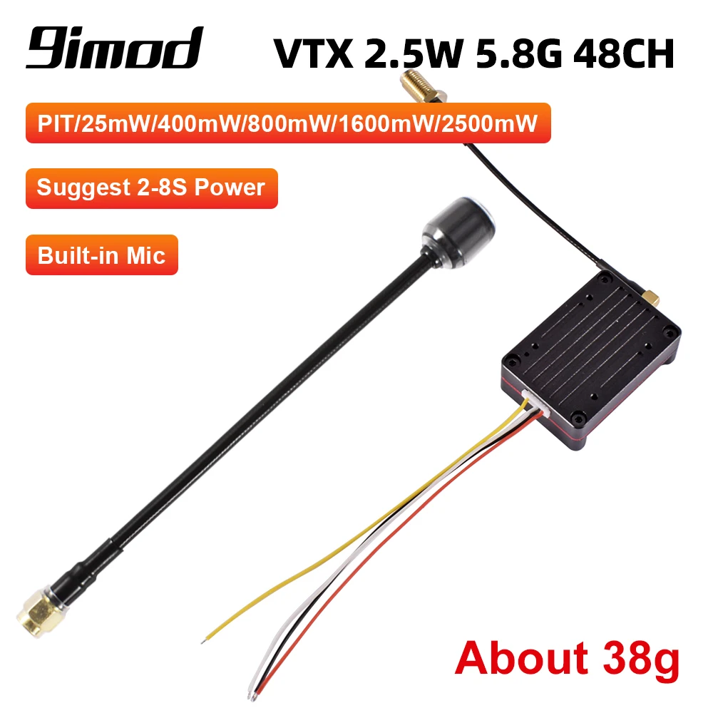 

9IMOD 5.8G 2.5W FPV VTX 48CH Video Transmitter with MMCX CNC Shell Cooling Fan Built-in Mic 2-8S for RC Long Range Drones