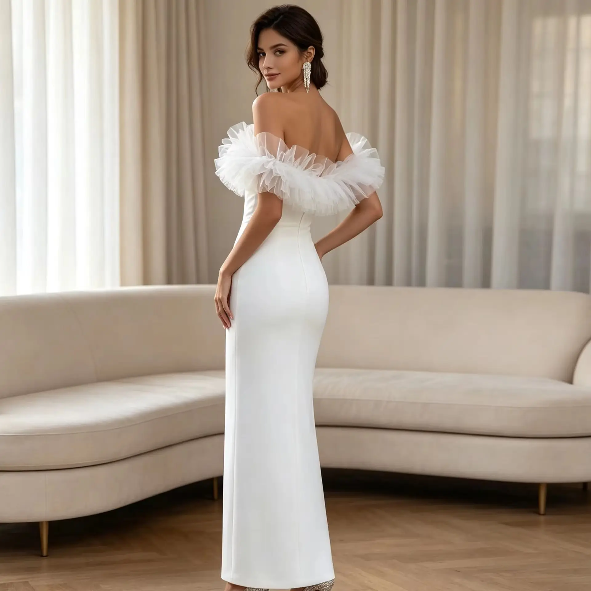 Customized Elegant Ankle Length Wedding Dresses Exquisite Tulle Off The Shoulder Satin Bridal Dress Sexy Open Back Bride Gowns